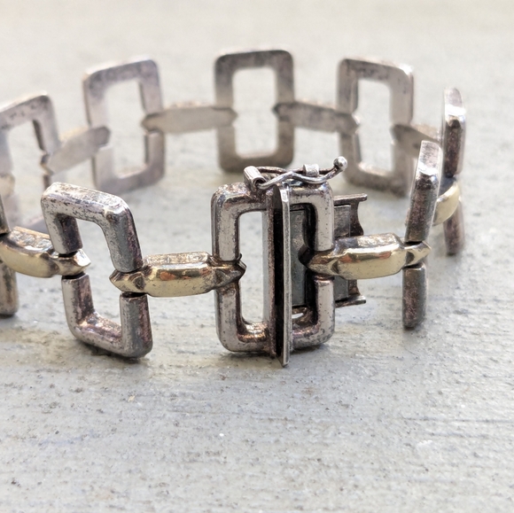 Vintage Sterling Silver Bracelet Two Tone Rectangle Italy 7.5 Modern - Picture 2 of 15
